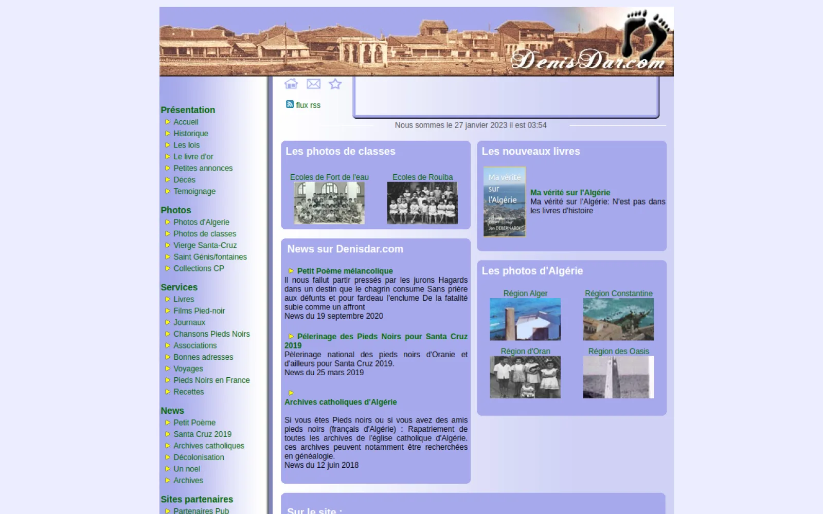 Ancienne page d'accueil de denisdar.com : mise en page en tableaux sur fond violet